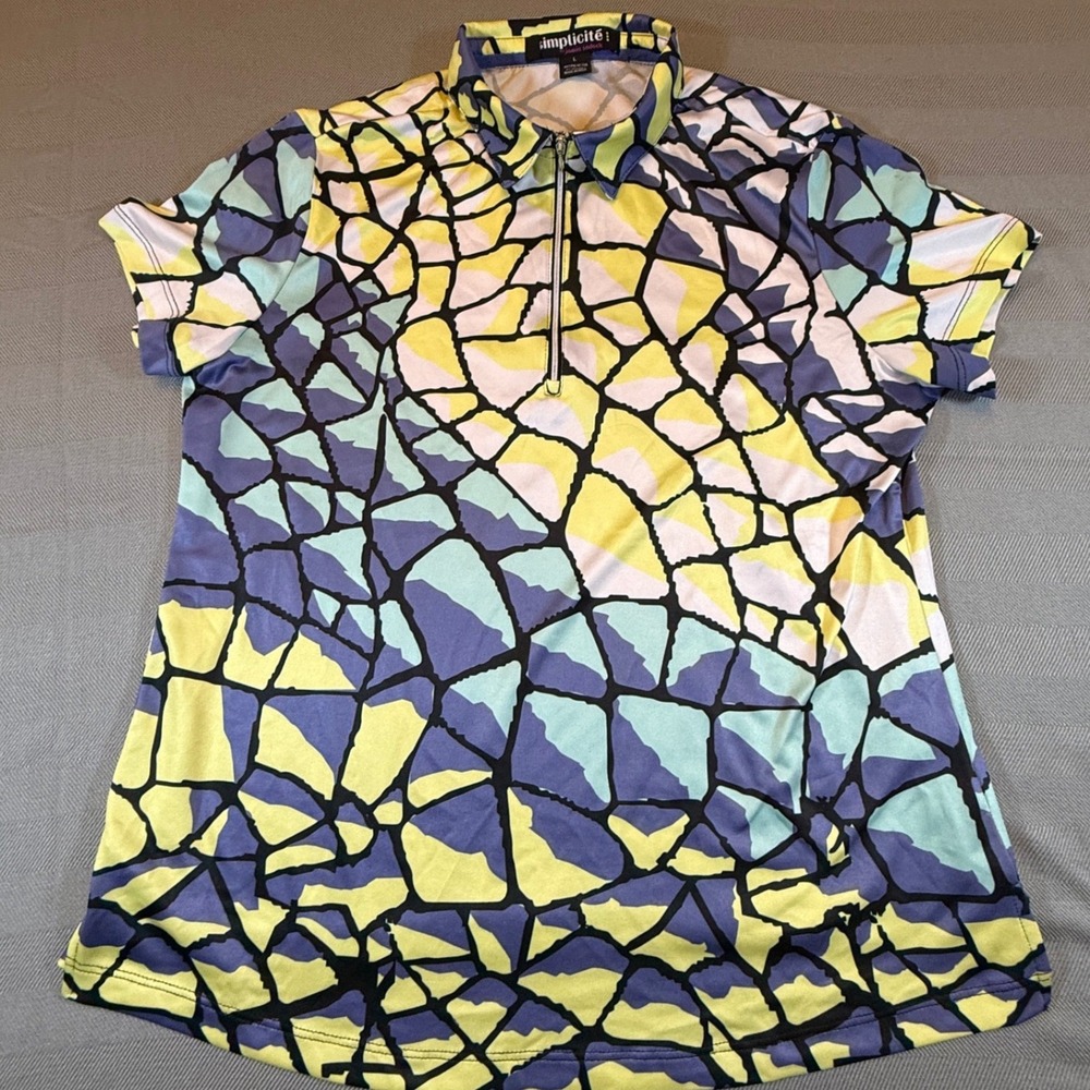 Jamie Sadock Simplicite Golf Polo Shirt Women Large Yellow Geometric Zip 2578